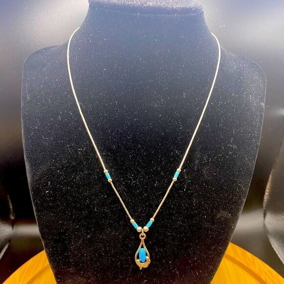 16” liquid silver turquoise necklace w/drop pendant and center turquoise stone - Picture 1 of 6